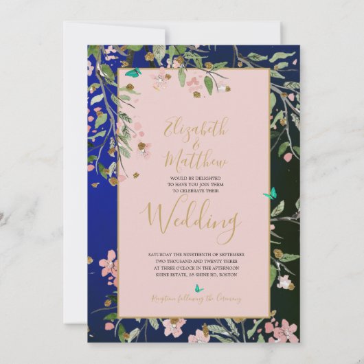 Floral Navy Blue Elegant Pink en Gold Chinoiserie Kaart (Achterkant)