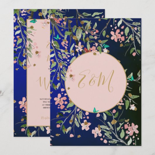 Floral Navy Blue Elegant Pink en Gold Chinoiserie Kaart (Voorkant / Achterkant)