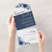 Floral Navy Blue Elegant Wedding All In One Uitnodiging (Afscheurbaar)