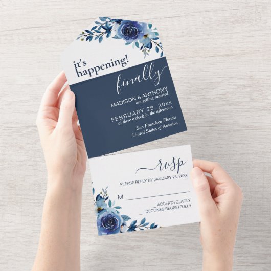 Floral Navy Blue Elegant Wedding All In One Uitnodiging (Afscheurbaar)