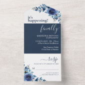 Floral Navy Blue Elegant Wedding All In One Uitnodiging (Binnen)