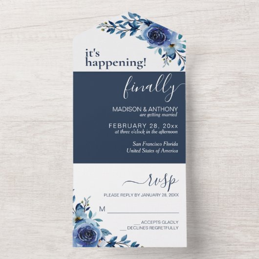 Floral Navy Blue Elegant Wedding All In One Uitnodiging (Binnen)