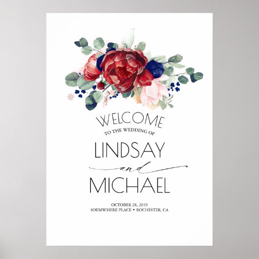 Floral Navy Blue en Burgundy Red Wedding Poster (Voorkant)