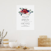 Floral Navy Blue en Burgundy Red Wedding Poster (Keuken)