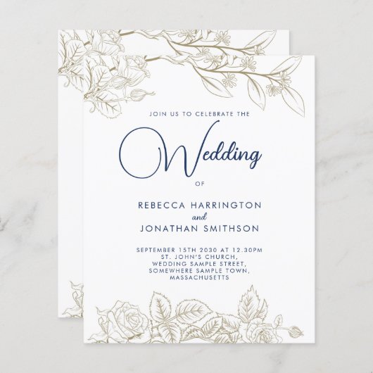Floral Navy Blue Gold Budget Weduwen Uitnodiging (Voorkant / Achterkant)