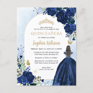 Floral Navy Blue Gold Gown Birthday Quinceanera Uitnodiging Briefkaart