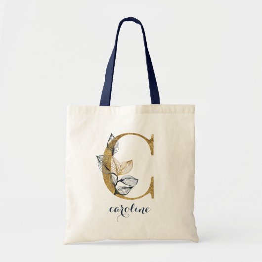 Floral Navy Blue Gold Leaf gepersonaliseerde lette Tote Bag (Voorkant)