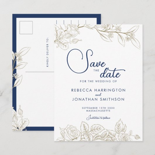 Floral Navy Blue Gold Wedding Save the Date Briefkaart (Voorkant / Achterkant)