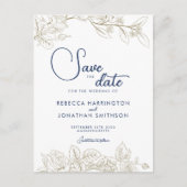 Floral Navy Blue Gold Wedding Save the Date Briefkaart (Voorkant)