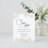 Floral Navy Blue Gold Wedding Save the Date Briefkaart (Staand voorkant)