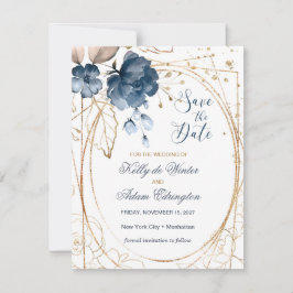 Floral navy blue, goud Bespaar de Datum Foto Save The Date