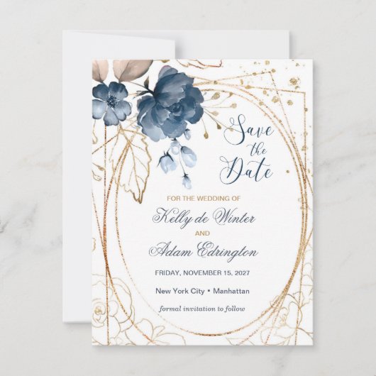 Floral navy blue, goud Bespaar de Datum Foto Save The Date (Voorkant)