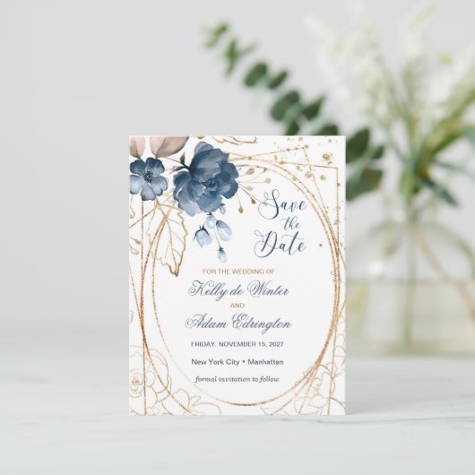 Floral navy blue, goud Bespaar de Datum Foto Save The Date (Staand voorkant)