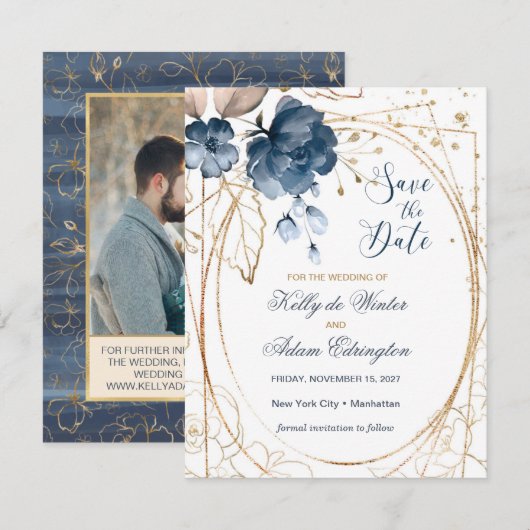 Floral navy blue, goud Bespaar de Datum Foto Save The Date (Voorkant / Achterkant)