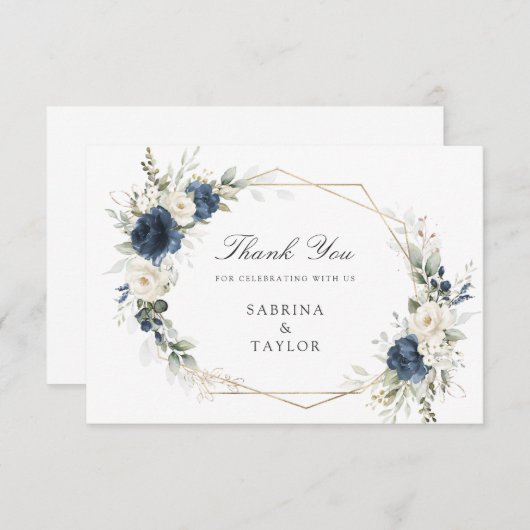 Floral Navy Blue Green Bruiloft Dank u kaart (Voorkant / Achterkant)