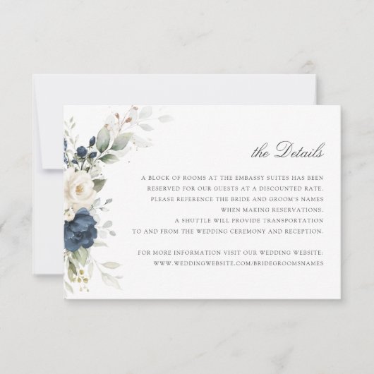 Floral Navy Blue Green Bruiloft Details Invoegen Kaart (Voorkant)