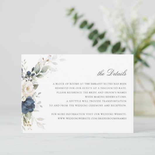 Floral Navy Blue Green Bruiloft Details Invoegen Kaart (Staand voorkant)