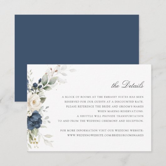 Floral Navy Blue Green Bruiloft Details Invoegen Kaart (Voorkant / Achterkant)