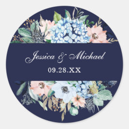 Floral Navy Blue Hydrangea Waterverf Wedding Ronde Sticker