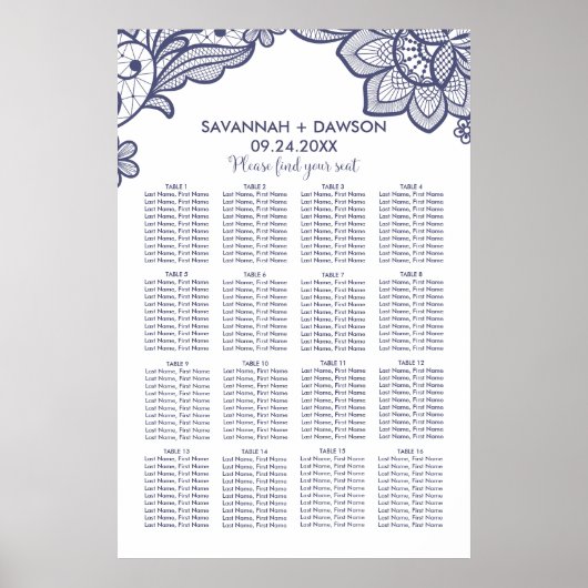 Floral Navy Blue Lace Wedding Seating Chart Poster (Voorkant)