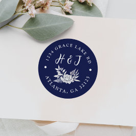 Floral Navy Blue Modern Wedding Return Address Ronde Sticker