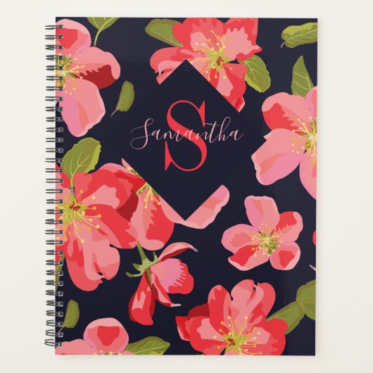 Floral Navy Blue Monogram Name Botanical 2022 Planner (Voorkant)