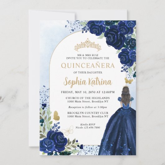 Floral Navy Blue Princess Birthday Quinceanera Kaart (Voorkant)