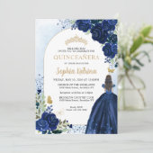 Floral Navy Blue Princess Birthday Quinceanera Kaart (Staand voorkant)