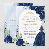 Floral Navy Blue Princess Birthday Quinceanera Kaart (Voorkant / Achterkant)