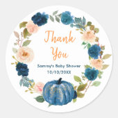 Floral Navy Blue Pumpkin Baby shower Dank u Ronde Sticker (Voorkant)