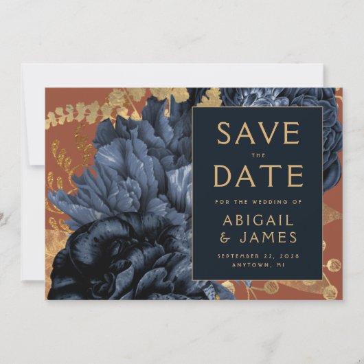 Floral Navy Blue Rust Wedding Save the Date Kaart (Voorkant)