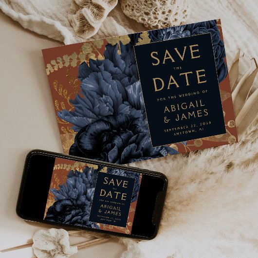 Floral Navy Blue Rust Wedding Save the Date Kaart