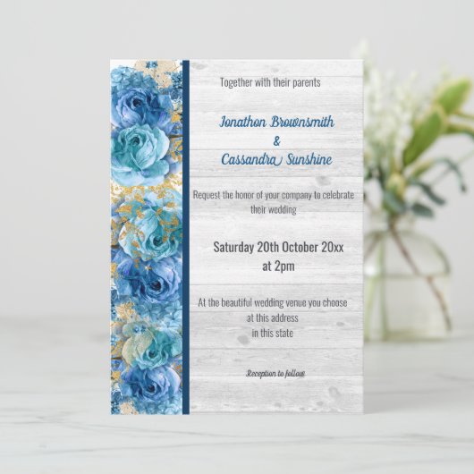 FLORAL  NAVY BLUE RUSTIC WEDDING NAVY KAART (Staand voorkant)