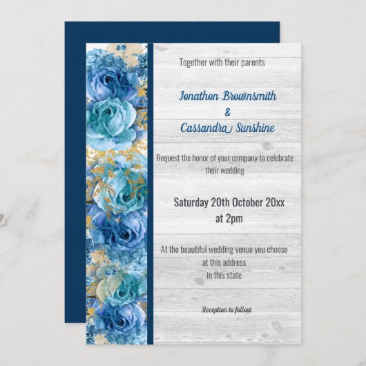 FLORAL  NAVY BLUE RUSTIC WEDDING NAVY KAART (Voorkant / Achterkant)