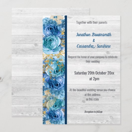 FLORAL NAVY BLUE RUSTIC WHITEWASH WEDING KAART (Voorkant / Achterkant)
