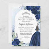 Floral Navy Blue Silver Dress Birthday Quinceanera Kaart (Voorkant)