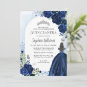 Floral Navy Blue Silver Dress Birthday Quinceanera Kaart (Staand voorkant)