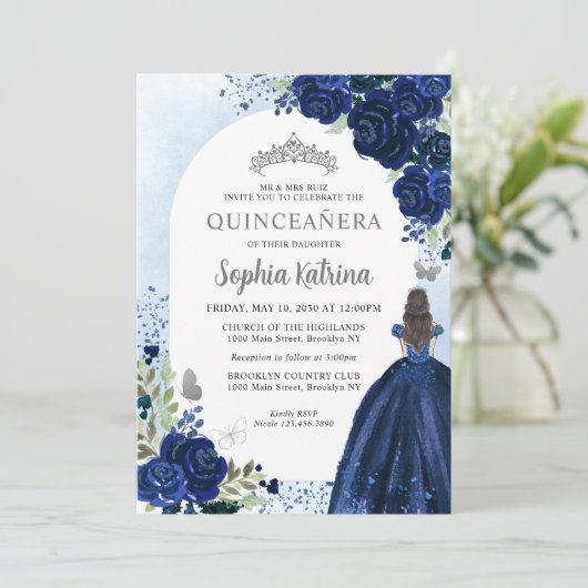 Floral Navy Blue Silver Dress Birthday Quinceanera Kaart (Staand voorkant)