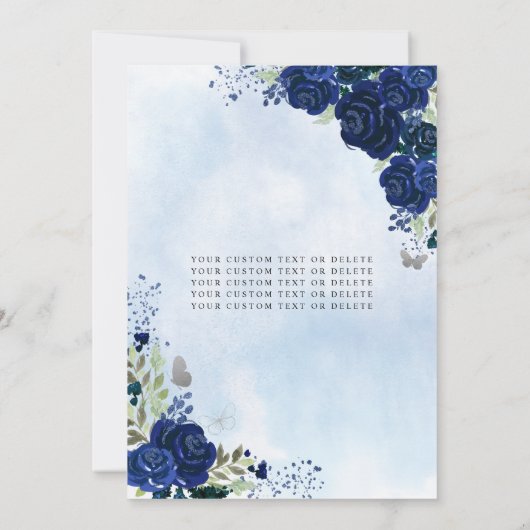 Floral Navy Blue Silver Dress Birthday Quinceanera Kaart (Achterkant)