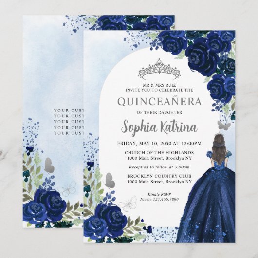 Floral Navy Blue Silver Dress Birthday Quinceanera Kaart (Voorkant / Achterkant)