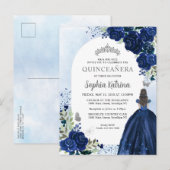 Floral Navy Blue Silver Gown Birthday Quinceanera Uitnodiging Briefkaart (Voorkant / Achterkant)