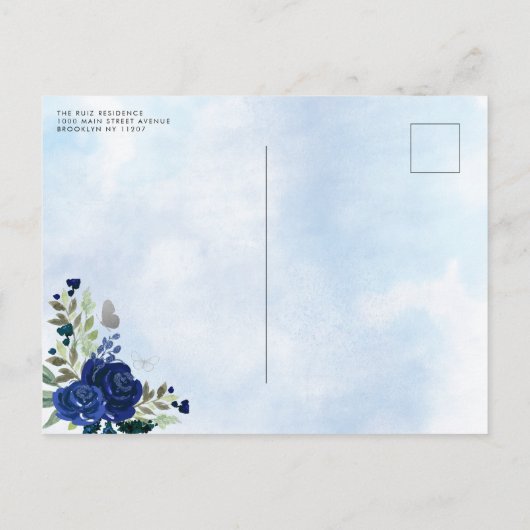 Floral Navy Blue Silver Gown Birthday Quinceanera Uitnodiging Briefkaart (Achterkant)