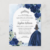 Floral Navy Blue Silver Gown Birthday Quinceanera Uitnodiging Briefkaart (Voorkant)