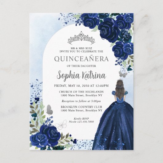 Floral Navy Blue Silver Gown Birthday Quinceanera Uitnodiging Briefkaart (Voorkant)