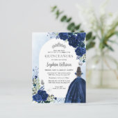 Floral Navy Blue Silver Gown Birthday Quinceanera Uitnodiging Briefkaart (Staand voorkant)