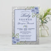 Floral Navy Blue Silver Sparkles Baby shower Kaart (Staand voorkant)