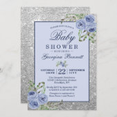 Floral Navy Blue Silver Sparkles Baby shower Kaart (Voorkant / Achterkant)