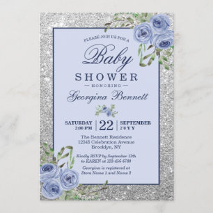 Floral Navy Blue Silver Sparkles Baby shower Kaart