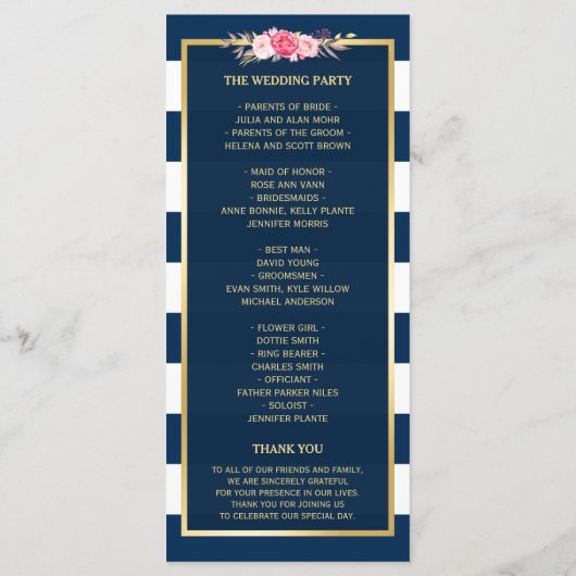  "Floral Navy Blue Striped Wedding"-programma Programmakaart (Achterkant)