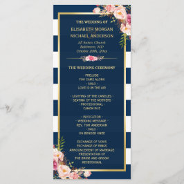"Floral Navy Blue Striped Wedding"-programma Programmakaart